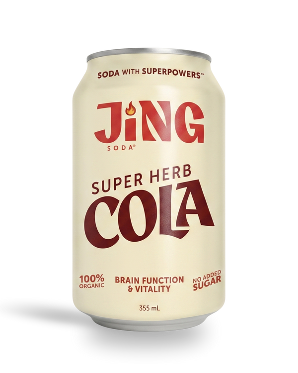 Jing Super Herb Cola can on a white background