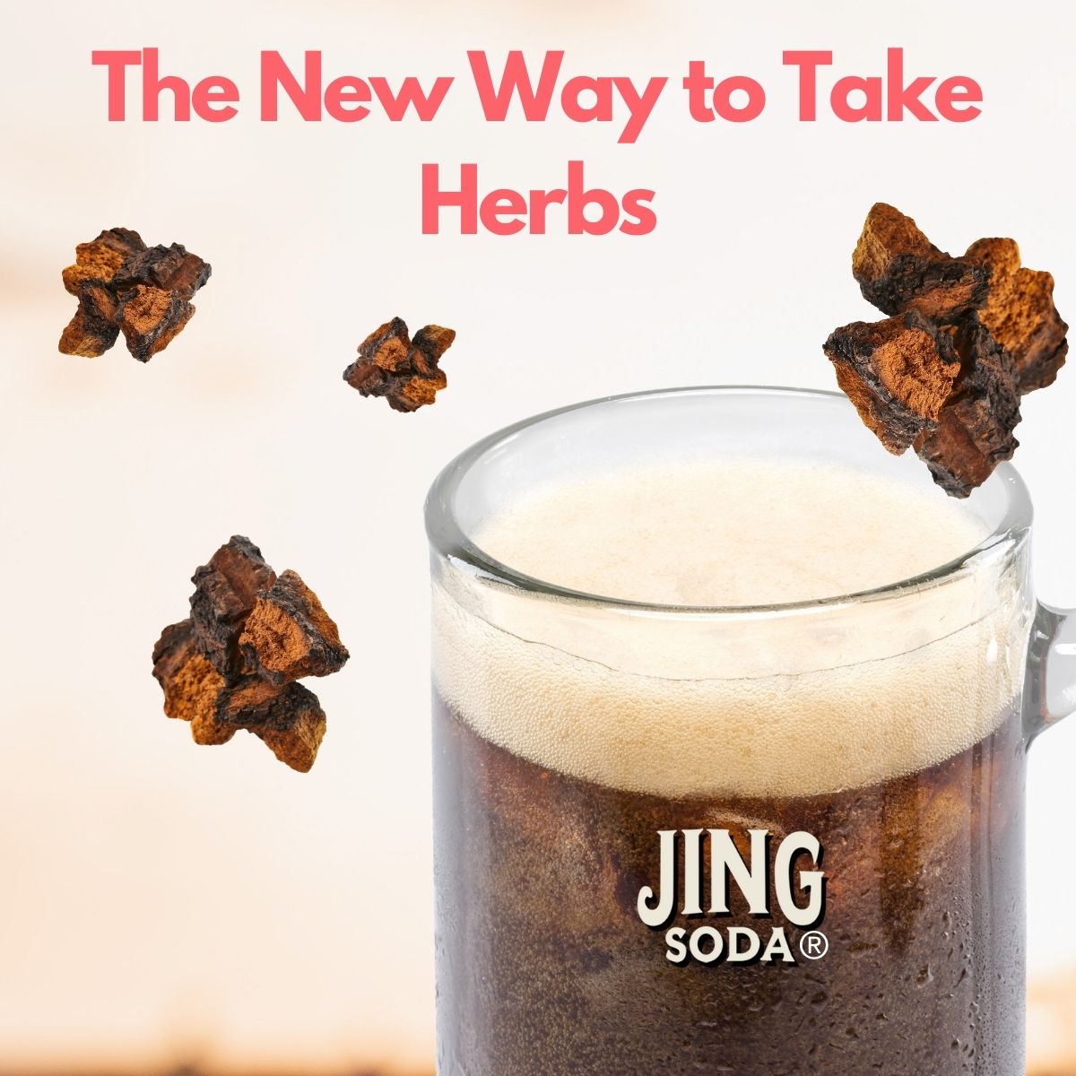 Bottle of Jing Soda Root Beer Concentrate with ingredients on a beige background