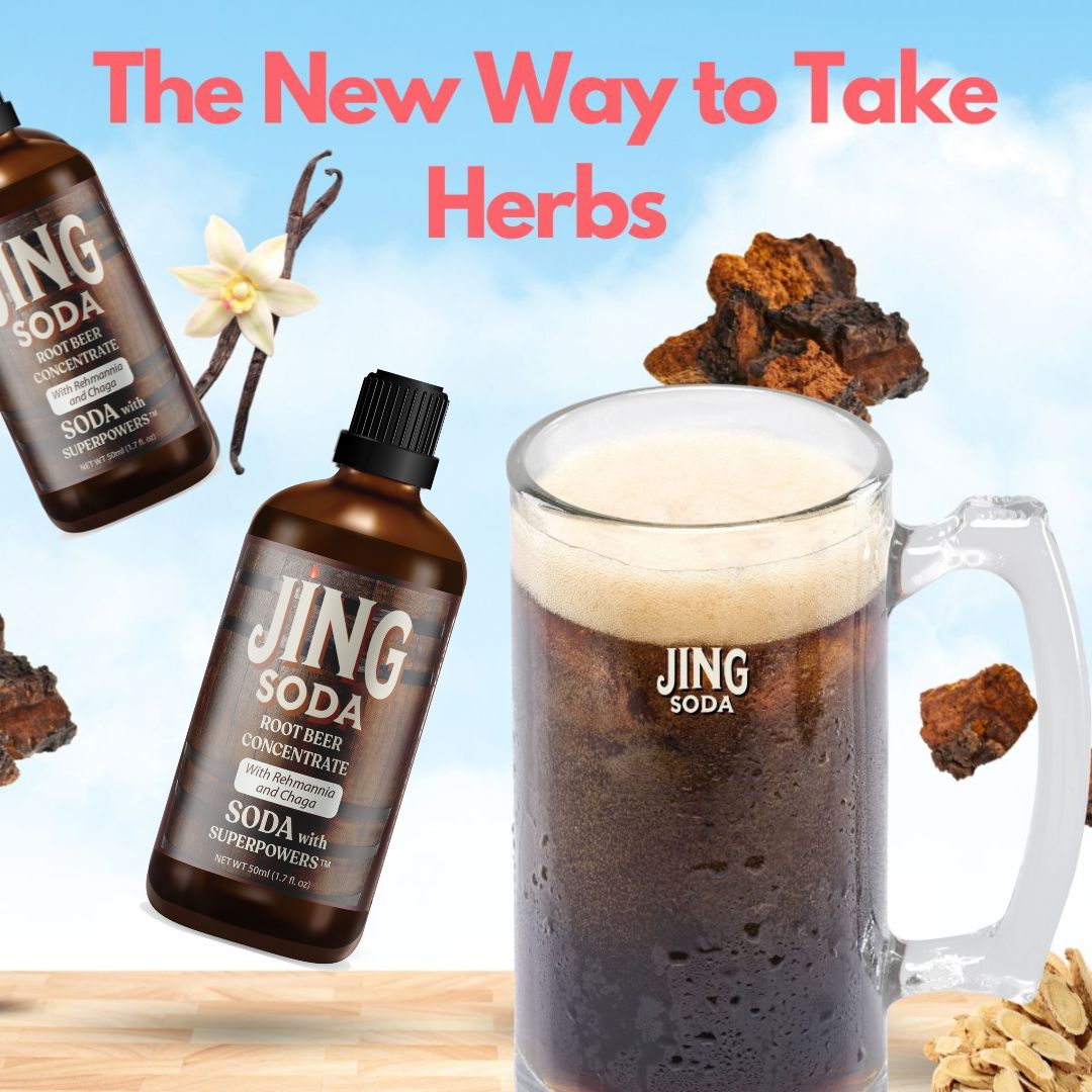 Bottle of Jing Soda Root Beer Concentrate with ingredients on a beige background