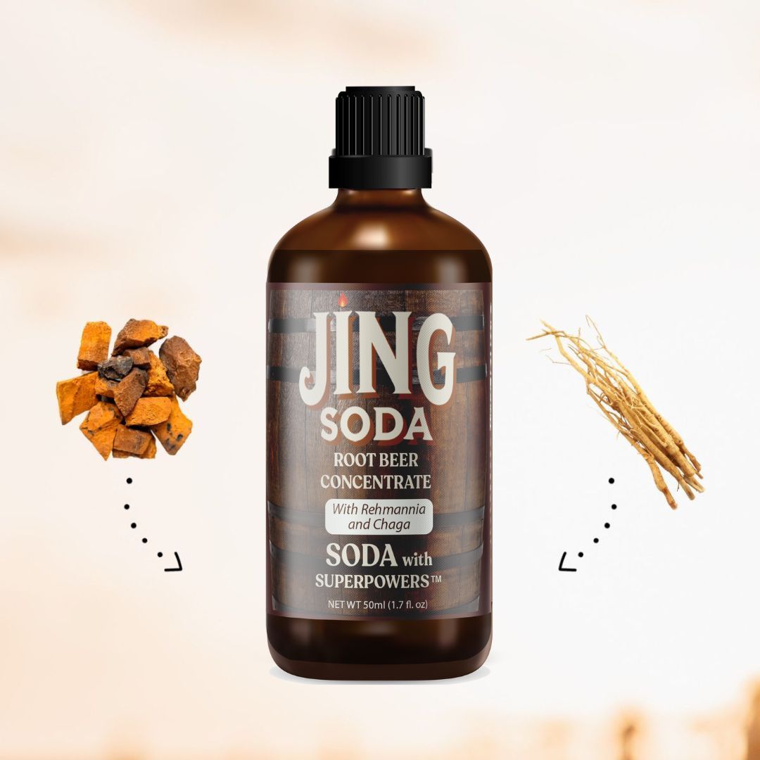 Bottle of Jing Soda Root Beer Concentrate with ingredients on a beige background