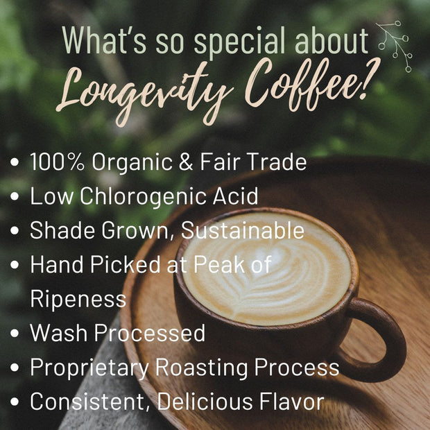 Longevity Coffee, 12oz (Choose Dark, Medium, Light, or Decaf)